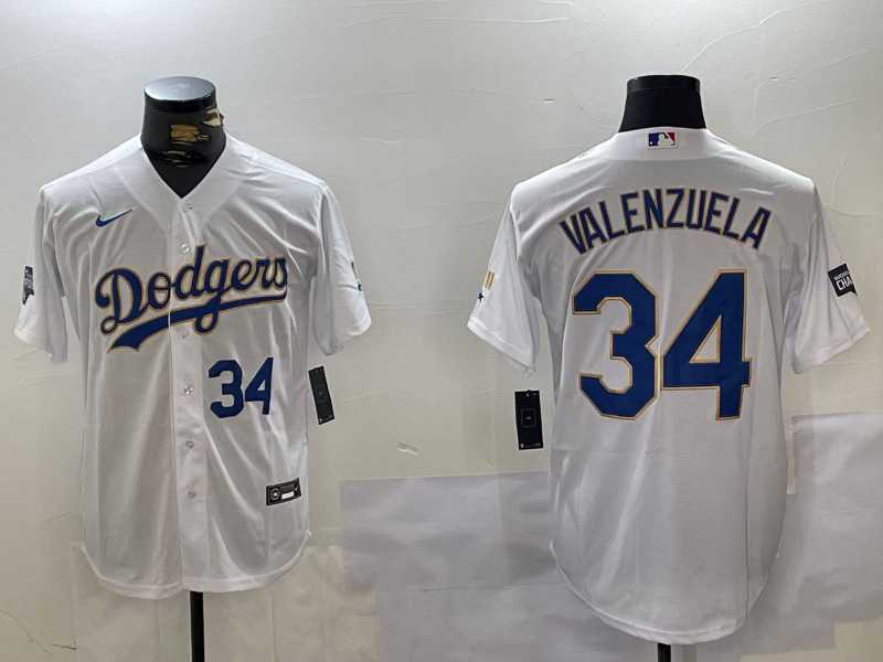 Men%27s Los Angeles Dodgers #34 Fernando Valenzuela Number White Gold Championship Stitched Cool Base Nike Jerseys->los angeles dodgers->MLB Jersey